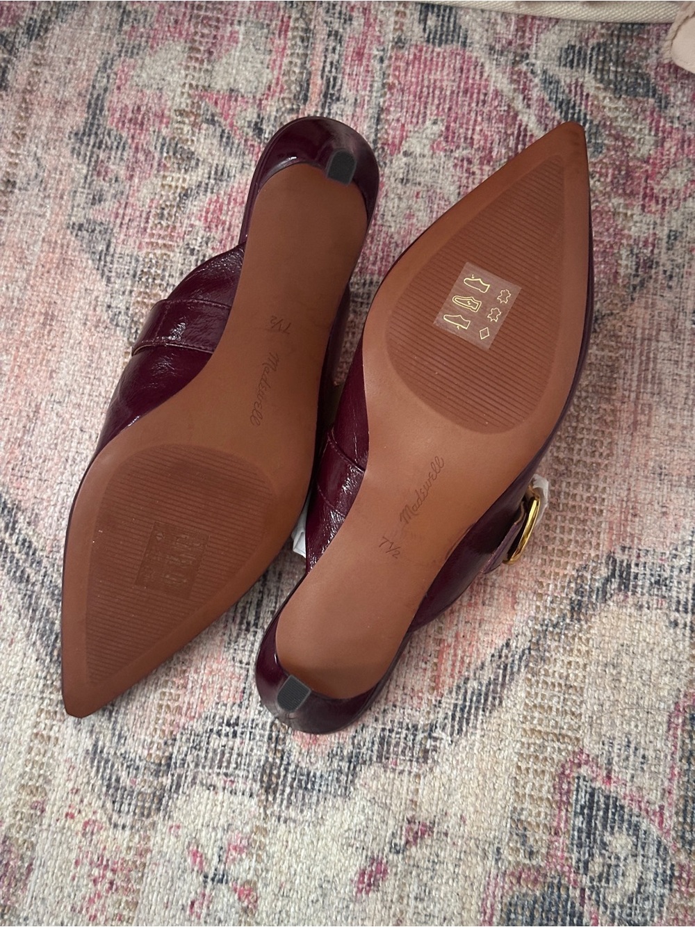 Madewell Burgundy Patent Pointed Mary Jane Mules with Gold Buckle - Picture 4 of 9